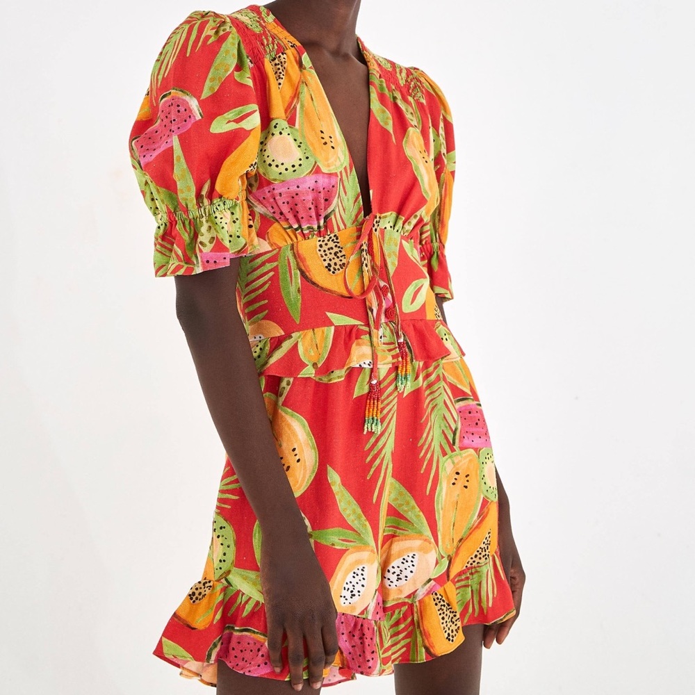 NWT FARM Rio Papaya red and orange linen romper, size M